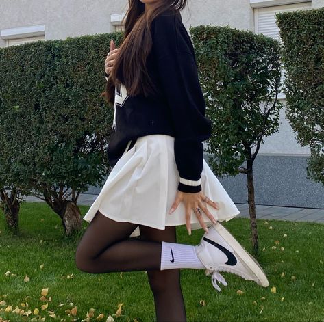 White Skirt Tights Outfit, White Skirt With Stockings Outfit, White Skirt With Tights, White Skirt Black Tights, Tennis Skirt With Tights, Skirt Thigh High Socks, Modesty Journey, Fall Ootd, Classy Winter Outfits