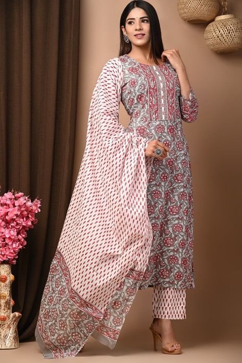 Jaipuri Block Print Pure cotton suit with cotton dupatta . Buy now.#kurti #kurtiset #prettydresses #suits #suitsets #indowestern #ethnicwear #traditional #pastel #designerprettyblouse #kurti #kurtiset #prettydresses #suits #suitsets 
#indowestern #ethnicwear #traditional #pastel #designerprettyblouses #blousepatterns #blousedesigns #sareeblouse #fashion #sareeinspiration #blouse #justblouses Cotton Suit Designs, Cotton Dress Pattern, Simple Kurta, Cotton Kurta Set, Neck Patterns, Different Types Of Dresses, Pure Cotton Suits, New Kurti Designs, Kurta Set For Women