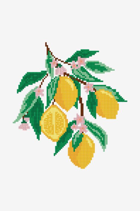 Discover this juicy lemon cross stitch pattern and use it to brighten up your homewares or clothing. For the perfect finish to your botanical design, use our... Cross Stitch Lemon Pattern, Cross Stitch Lemon, Aesthetic Cross Stitch, Book Cross Stitch Pattern, Kawaii Cross Stitch, Cross Stitch Fruit, Lemon Patterns, Cross Stitch Patterns Flowers, Stitch Ideas