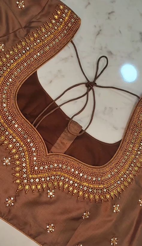 Stone Work Saree Blouse Designs, Copper Colour Aari Work Blouse, Brown Colour Aari Work Blouse, Aari Stone Work Blouse Designs, Blouse Stone Work Designs, Simple Stone Work Blouse Designs, Bead Work Blouse Design, Aari Bridal Blouse Designs, Aari Work Blouse Wedding Hand Embroidery