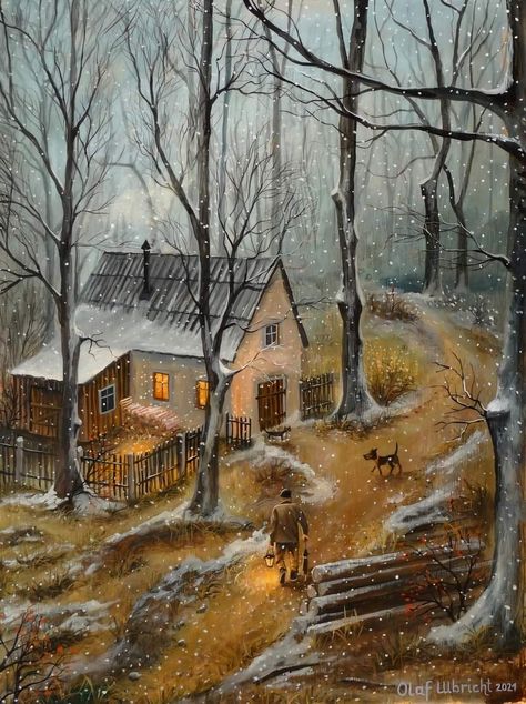 Homeward  By Olaf Ulbricht Winter Illustration, Autumn Scenes, Winter Scenery, Winter Art, Dreamy Art, Pics Art, الرسومات اللطيفة, Whimsical Art, Winter Scenes