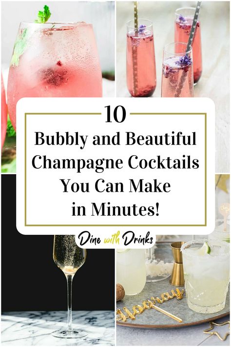 Collage of 4 easy champagne cocktails. Champagne Cocktails Wedding, Champagne Wedding Drinks, Champagne Party Drinks, Champagne Specialty Drink, Fun Champagne Cocktails, Drinks To Make With Champagne, Champagne Problems Cocktail, What To Mix With Champagne, Champagne Signature Drinks