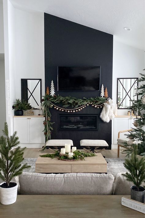 Fireplace Decor Christmas With Tv, Black Fireplace Wall Christmas, Black Living Room Christmas Decor, Black Living Room Christmas, Black Mantel Decor, Fireplace No Mantle Christmas, Black Fireplace Christmas Decorations, Christmas Decor For Mantle With Tv, Black Mantle Christmas Decor