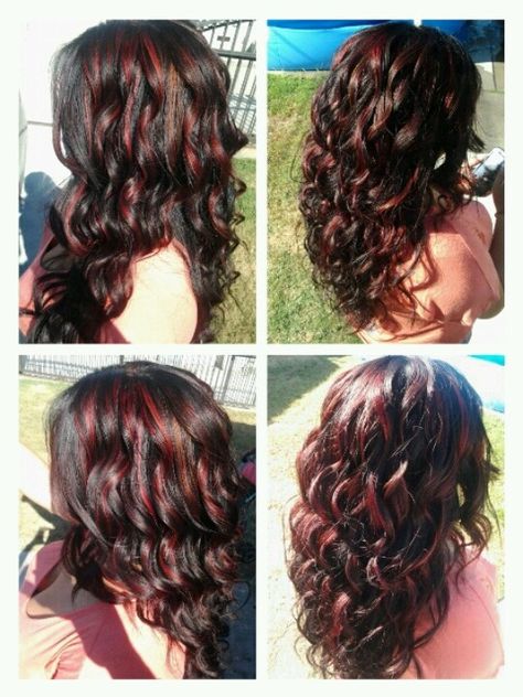 Dark brown with bright red highlights...I think this is my next look! Red Streaks Curly Hair, Dark Red Hair Underneath, Red Streaks In Brown Hair Curly, Red Highlights In Brown Hair Curly, Red Highlights On Brown Hair, Hair Color Auburn Brown, Red Highlights In Brown Hair, Highlights On Brown Hair, Red Tips