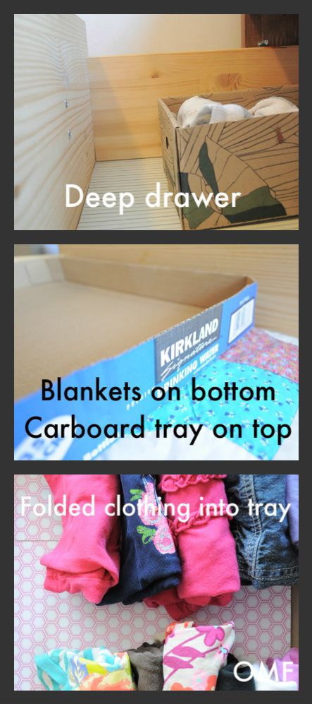 Deep drawer solution: Put large blanket/pillow on bottom, then cardboard tray on top. Fold clothes in tray. Lift tray whenever you need to get to stuff underneath. {Maximizing your small spaces} Deep Clothes Drawer Organization, Organize Deep Drawers Bedroom, Deep Dresser Drawer Organization, Organizing Deep Dresser Drawers, Deep Drawer Organization Clothes, Deep Drawer Organization Bedroom, Deep Dresser Drawers, Organizing Small Spaces Bedroom, Dresser Top Organization Ideas