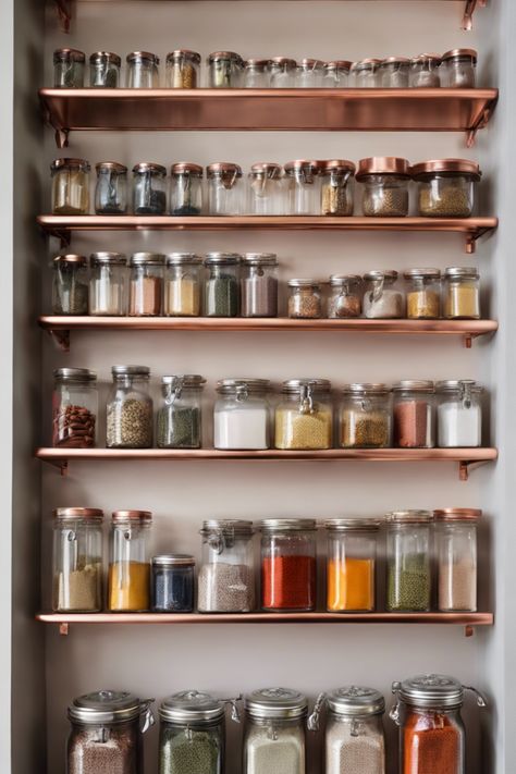 Organized pantry shelves with multiple small jars of various spices and ingredients. Pantry Open Shelves, Pantry Shelves Ideas, Pantry Shelving Ideas, Diy Pantry Shelves, Small Galley Kitchen, Pull Out Pantry, Pantry Shelves, Shelves Ideas, Kitchen Storage Space