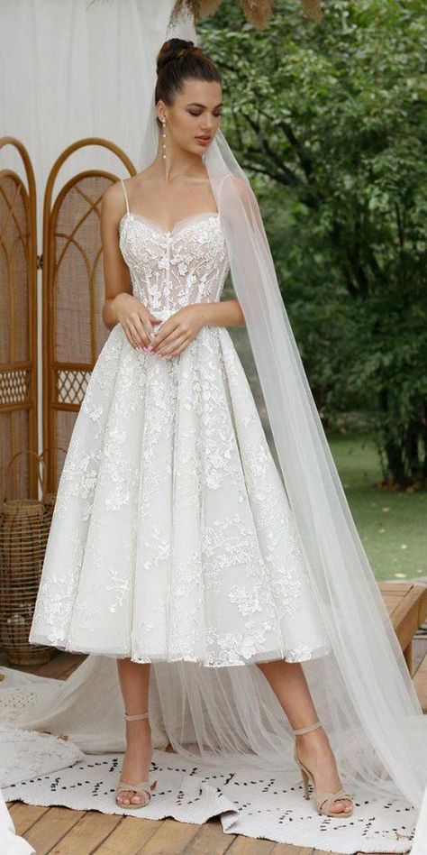 Exclusive Knee Length Wedding Dresses ★ #bridalgown #weddingdress Wedding Dress Mid Length, Wedding Dresses Knee Length, After Wedding Party Dresses, Mid Length Wedding Dress, Knee Length Wedding Dresses, Midi Bridal Dress, Dresses Sweetheart Neckline, Wedding Dresses Sweetheart, Short Wedding Gowns