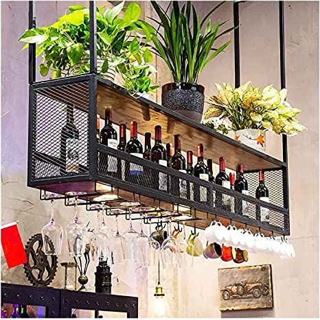 Bar Shelf Ideas, Hanging Wine Glass Rack, Iron Wine Rack, Shelf Industrial, Ceiling Shelves, Hanging Wine Rack, Bar Shelves, Bar Ceilings, Home Bar Design