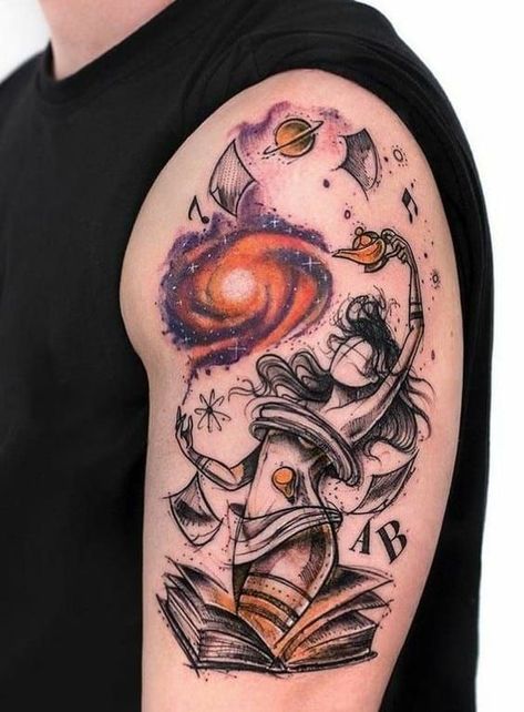 Tattoos Galaxy, Half Tattoo, Half Sleeve Tattoo Ideas, Book Lover Tattoo, Galaxy Drawings, Cool Half Sleeve Tattoos, Cool Shoulder Tattoos, Catrina Tattoo, Bookish Tattoos