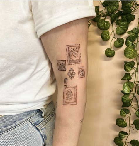 Square Scene Tattoo, Art History Inspired Tattoos, Book Reference Tattoo, Museum Tattoo Ideas, Framed Art Tattoo, Stingray Sleeve Tattoo, Photo Frame Tattoo, Gallery Wall Tattoo, Framed Tattoo Ideas