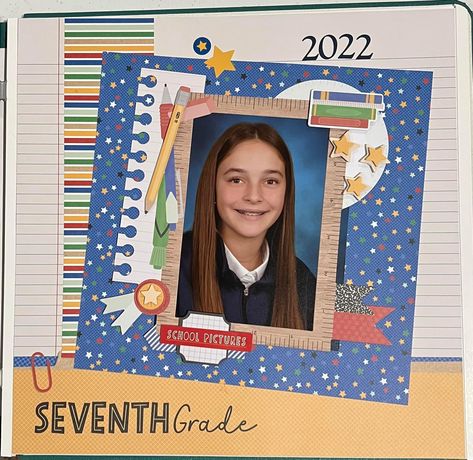 Creative Memories School Days, Creative Memories Back To School Layouts, Grade School Scrapbook Layouts, School Picture Scrapbook Layout, Scrapbook 2024, Scrapbook Baby Book Ideas, Picture Scrapbook, School Layouts, Birthday Scrapbook Layouts