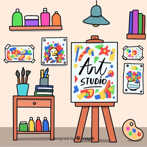 Dream Art Room Drawing, Workplace Illustration, Dream Art Room, Color Wheel Projects, Teaching Drawing, Cartoon Artist, Creating Artwork, Iphone Wallpaper Pattern, Cardboard Art