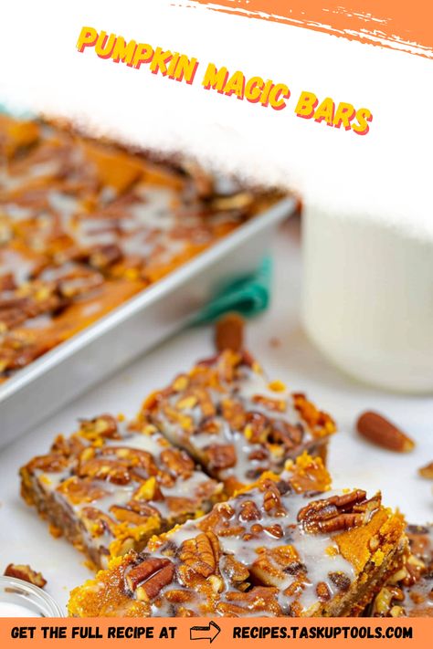 Indulge in the ultimate autumn treat with these Pumpkin Magic Bars, a delectable fusion of creamy pumpkin puree, layers of rich chocolate, crunchy nuts, and sweet coconut atop a buttery graham cracker crust. Perfect for satisfying your seasonal sweet tooth, these easy-to-make bars are a crowd-pleaser for any fall gathering. Discover this deliciously spiced dessert that captures the essence of fall with every bite. Don't miss out on adding this simple yet irresistible recipe to your fall baking repertoire. Follow Pumpkin Magic Bars, Pumpkin Magic, Pumpkin Pecan Pie, Magic Bars, Fall Gathering, Toffee Bits, Cracker Crust, Crunchy Pecans, Butterscotch Chips