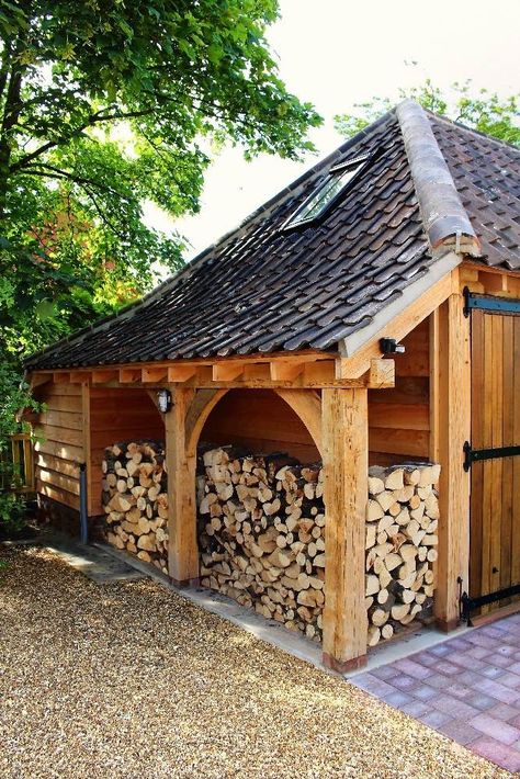 Oak Garages | Traditional Oak Garages | Gallery | Two Bay Oak Garage, Timber Frame Garage, Log Shed, Firewood Storage Outdoor, Timber Garage, Oak Framed Buildings, Firewood Shed, Shelter Design, Carport Designs