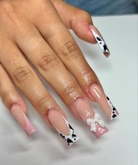 Cow French Tip, Square Acrylic Nails Long, Acrylic Nails Long, Cowboy Nails, Bow Nails, Forever Roses, Cow Nails, Drip Nails, Colored Acrylic Nails