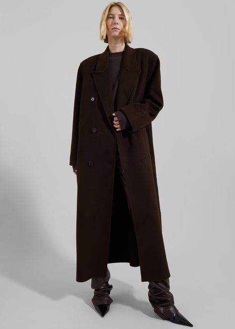 Color: Brown Midweight wool blend fabric Oversized silhouette Maxi length Peak lapels Drop shoulders Welt hip pockets Double-breasted front button closure Lined 80% Wool 20% Polyamide Dry Clean By The Frankie Shop. Imported Wool Maxi Coat, Brown Wool Coat, Navy Wool Coat, Oversized Wool Coat, The Frankie Shop, Wool Overcoat, Long Coat Women, Frankie Shop, Maxi Coat