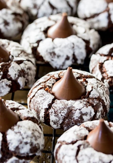 Chocolate Thumbprint Cookies With Hershey's Kisses - Simplemost Chocolate Kiss Cookies, Easy Christmas Cookie Recipes, Christmas Cookie Recipes, Kiss Cookies, Blossom Cookies, Chocolate Cookie Dough, Powder Sugar, Chocolate Crinkle Cookies, Chocolate Crinkles