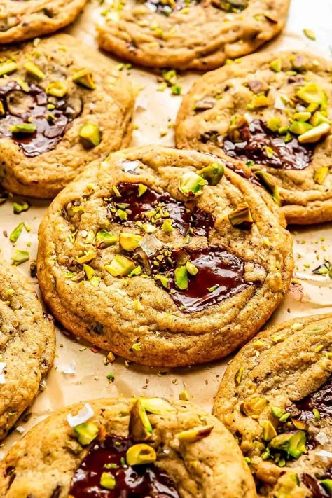 Chocolate Chip Pistachio Cookies | Table for Two® by Julie Chiou Dark Chocolate Chip Cookies, Pistachio Cookies, Dark Chocolate Cookies, Frozen Cookie Dough, Cookie Table, Table For Two, Crispy Cookies, Salted Chocolate, Soft Cookie