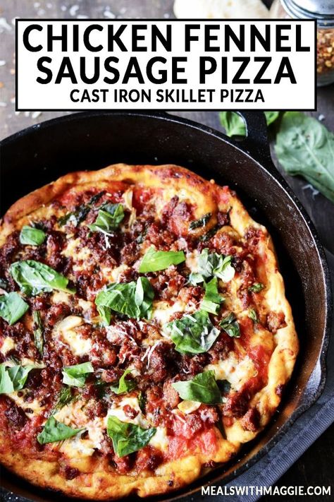 Make this fennel chicken sausage pizza for your next night in! The cast iron skillet gives the perfect browning to the crust and makes for an easy clean up! | Mealswithmaggie.com #pizzarecipe #castironskilletpizza #fennelsausagepizza Pizza Meals, Fennel Chicken, Iron Skillet Pizza, Chicken Fennel, Cast Iron Skillet Pizza, Skillet Pizza, Fennel Sausage, Sausage Pizza, Iron Skillet Recipes