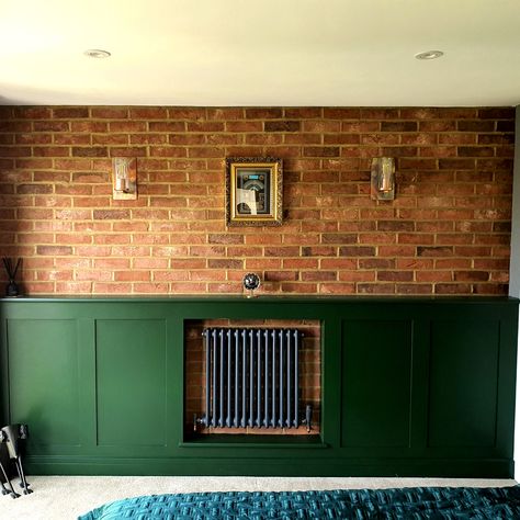 Exposed Brick With Panelling, Interior Red Brick Wall, Cottagecore Bungalow, Moody Playroom, Red Brick Living Room, Red Brick Interior, Red Brick Kitchen, Brick Interior Design, Desert Cabin