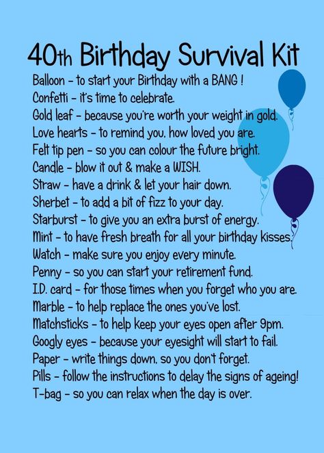 40TH BIRTHDAY SURVIVAL KIT BLUE More 50th Birthday Survival Kit, Birthday Survival Kit, 40th Bday Ideas, Moms 50th Birthday, Survival Kit Gifts, 50th Birthday Cards, Happy 40th, Happy 40th Birthday, Birthday Gift Baskets