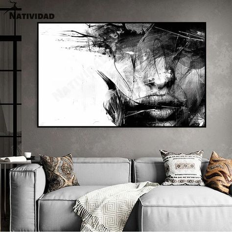 White Art Painting, Face Black And White, Black And White Line Art, Drawing Poster, White Line Art, Line Art Drawing, Face Lines, Abstract Face, Black And White Painting