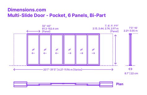 A multi-slide pocket door with a bi-part design and 6 panels is a sliding door system that features two sets of three individual panels that slide horizontally along a track system and disappear into a pocket within the wall. When fully opened, each set of panels slides seamlessly into the wall pocket, creating two openings that provide a smooth and uninterrupted transition between indoor and outdoor spaces. Downloads online #doors #slidingdoor #patio #construction #buildings Sliding Door Dimensions, Sliding Door Detail Drawing, Sliding Door Plan, Indoor Sliding Doors, Window Sketch, Glass Pocket Door, Floor Plan Symbols, Arch Sketch, Parking Building