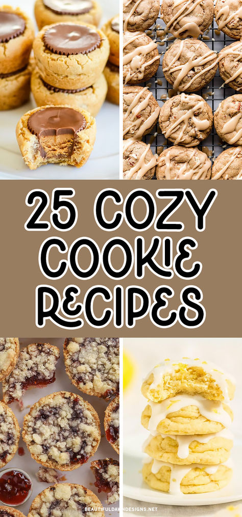 Indulge in the warmth and comfort of the season with these 25 delicious cookie recipes. From pumpkin spice to gingerbread, these treats are perfect for cozy nights at home or holiday gatherings. Peanut Butter Cup Cookies, Softbatch Glazed Lemon Cream Cheese Cookies, Maple Brown Sugar Cookies, Raspberry Crumble Cookies. Seasonal Cookie Recipes, Cookie With Peanut Butter Cup, Best Fall Cookies Recipes, Best Cookies For Cookie Swap, Best Peanut Butter Recipes, Cookie Recipes For Fall, Hermit Cookies Recipe, Best Thanksgiving Cookies, Stuffed Cookie Ideas