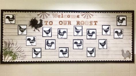 Chicken Classroom Decor, Chicken Theme Classroom, Chicken Bulletin Board, Agriculture Bulletin Board Ideas, Farm Theme Bulletin Board, Parent Bulletin Boards, Daycare Farm Theme Bulletin Boards, Farmhouse Bulletin Board, Down On The Farm Bulletin Board