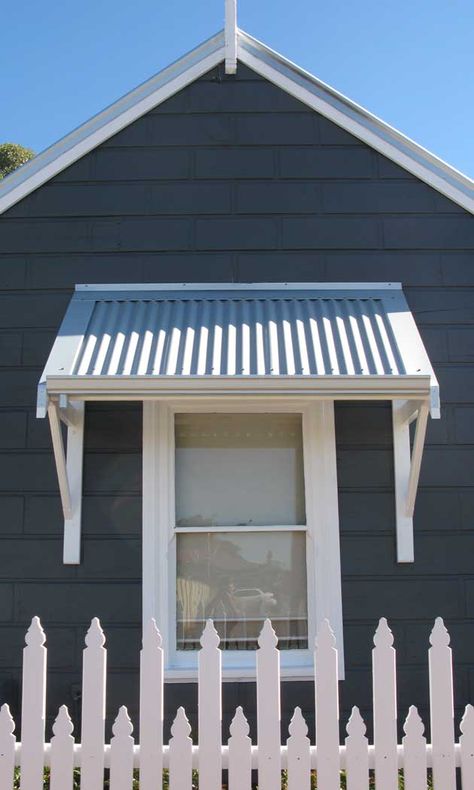 Beach House Window Awnings, Timber Awning Windows, Timber Window Awnings, Colourbond Window Awning, Queenslander Window Awnings, Window Awnings Exterior Diy, Awning Over Window, Overhang Roof Ideas, Timber Awning