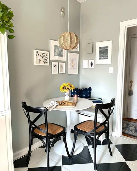 27 Small Breakfast Nook Ideas To Enjoy Small Breakfast Nook Ideas, Small Dining Nook, Checkered Flooring, Kitchen Nook Table, Corner Gallery Wall, Small Breakfast Nook, Kitchen Dining Nook, Painted Wood Chairs, Light Wood Dining Table