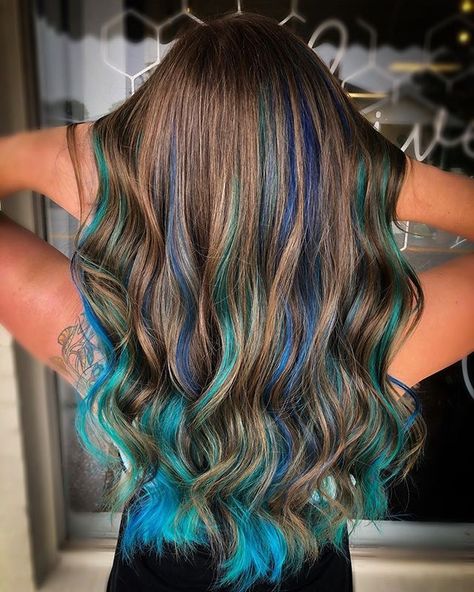 Brunette Hair With Fun Colors, Fun Color Highlights In Brown Hair, Color Fade Hair Brunette, Blue Highlights Straight Hair, Cute Hair Colors For Brown Hair, Pops Of Color Hair Brunette, Light Brown Hair With Vivid Color, Brown Hair With Bright Colors, Balayage Hair Fun Colors