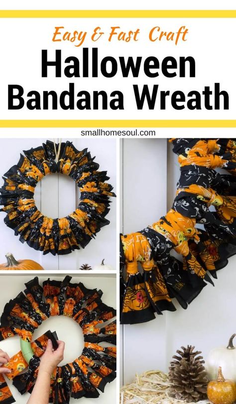 This Halloween Bandana Wreath is super fast and easy to make, even the kids can do it. #halloweendecor #diycrafts #wreaths #halloweenwreath #fallwreath #bandanawreath #smallhomesoul #girljustdiy Halloween Bandana Wreath, Bandana Wreaths How To Make, Fall Bandana Wreath, Bandana Wreath Ideas, Bandana Crafts Ideas, Bandana Wreaths, Filofax Diy, Bandana Wreath, Bandana Crafts