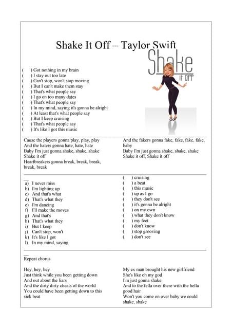 Song Worksheet, Gonna Be Alright, Haters Gonna Hate, Busy Teacher, New Girlfriend, Shake It, Worksheet Template, Shake It Off, Printable Worksheets