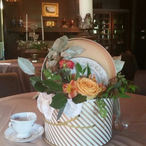 Vintage Hat Box Centerpiece Hat Centerpieces Table Decorations, Napkin Roses, Hat Centerpieces, Tea Party Table Decorations, Kentucky Derby Themed Party, Theatre Decorations, Napkin Rose, Dinner Theater, Box Centerpiece