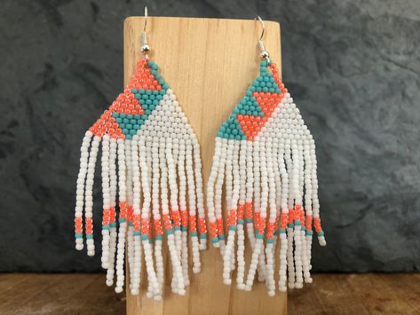 Turquoise Bead Earrings, Fringe Fashion, Native Jewelry, Orange And Turquoise, White Backdrop, Simple White, Seed Bead Earrings, Earring Hooks, Stunning Earrings