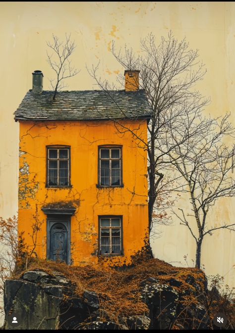 Thierry Lechanteur, Building Photography, Yellow House, Yellow Houses, Colourful Buildings, Cute House, A Hill, Urban Sketching, Abandoned Buildings