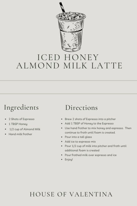 Honey Coffee Recipe, Starbucks Honey Almond Milk Flat White, Iced Honey Latte Recipe, Almond Milk Latte Recipe, Oat Milk Iced Coffee, Iced Coffee With Almond Milk, Honey Latte Recipe, Cafe Latte Recipe, Almond Latte