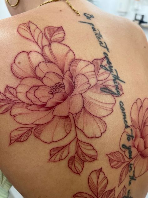 Back Tattoo Black Women Full, Sister Back Tattoos, Back Roses Tattoo Women, Nature Back Tattoos For Women, Line Art Back Tattoo Women, Back Tattoo Add Ons Women, Off Center Back Tattoos Women, Virgo Tattoo Back, Floral Back Tattoo Design