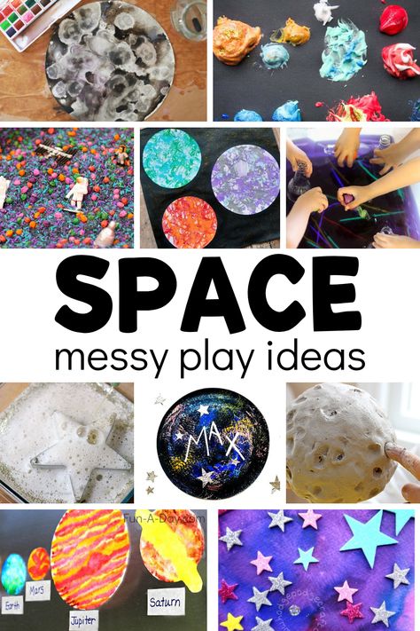 Space Messy Play Ideas for Kids Messy Play Ideas, Space Lesson Plans, Play Ideas For Kids, Outer Space Crafts, Messy Play Activities, Space Lessons, Space Invitation, Sensory Art, Toddler Art Projects