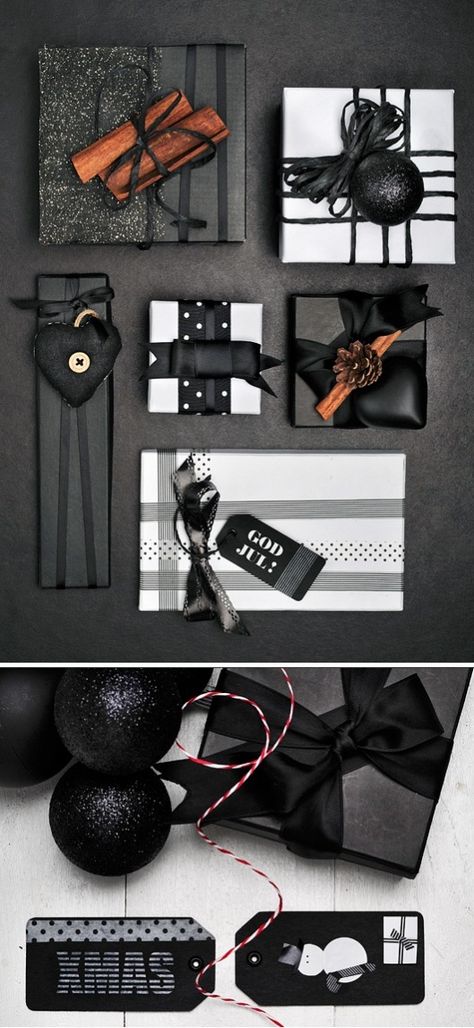 black wrap Christmas Wrapper, Creative Wrapping, Black White Christmas, Gift Wrapping Inspiration, Unique Gift Wrapping, Gift Wraps, Gift Wrap Ideas, Gifts Wrapping, Creative Gift Wrapping