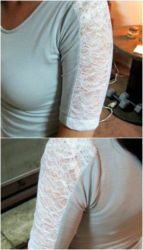 Diy Lace Sleeves, Umgestaltete Shirts, T Shirt Upcycle, Making Clothes, Upcycle Shirt, Repurposed Clothing, Costura Diy, T-shirt Refashion, Shirt Refashion