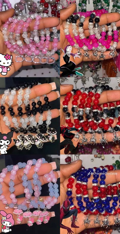 Kuromi And Spiderman, Hello Kitty And Spiderman Bracelet, Kuromi Bracelet, Body Jewelry Diy, Sanrio Mymelody, Girly Bracelets, Colorful Bead Bracelets, Dope Jewelry Accessories, Couples Bracelets