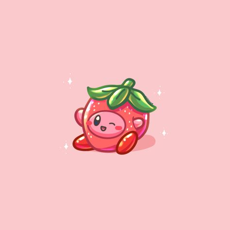 Kirby Food Wallpaper, Kirby With Strawberry, Kirby Holding A Heart, Kawaii Strawberry Art, Kirby Food Art, Kirby Strawberry, Strawberry Pfp, Cute Drawing Ideas Easy, Kirby Pokemon