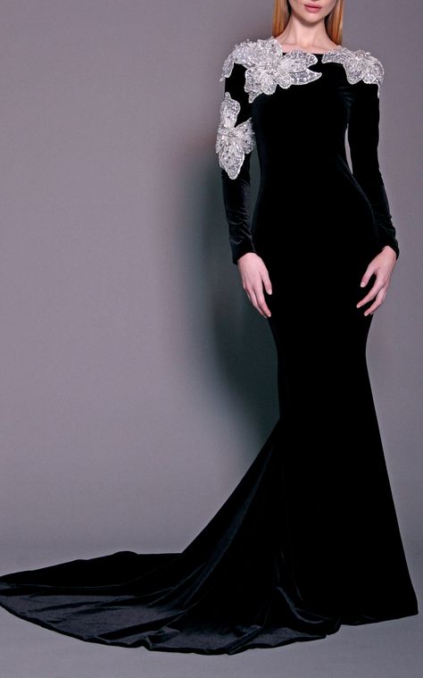 GABRIELLE'S AMAZING FANTASY CLOSET | Christian Siriano's Exquisite  Black Velvet Gown has Lacy White Floral, Crystal Embellished Appliqués across the Shoulders, Neckline and down One Sleeve. It has a Fit & Flare Silhouette with a High, Round Neckline, Long Sleeves and a Graceful Flare that sweeps to a Full Train. Dazzle with Diamond Cascade Earrings and a Pair of Rings. Black Velvet Sandals and a Lacy Jet Crystal Minaudière finish the look (It's all on this board) It's just Beautiful - Gabrielle Evermore Fashion, Winter Runway, Modern Royalty, Black Velvet Gown, Pre Fall Fashion, Velvet Gown, Long Sleeve Gown, فستان سهرة, Grad Dresses