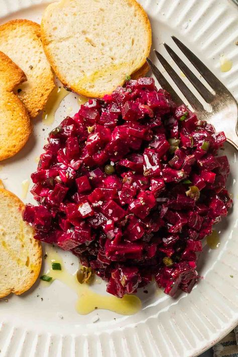 Looking for a meat free alternative to traditional tartare? Try this beetroot tartare. Made with delicate, earthy beets balanced with flavorful Dijon, capers and onion this beet tartare recipe creates a beautiful vegetarian dish. Serve it as a main dish or as an appetizer with your favorite crackers. Beetroot Tartare Recipe, Beautiful Vegetarian Dishes, Beet Tartare Recipe, Beet Appetizer Recipes, Canned Beets Recipe Ideas, Beetroot Dishes, Beets Appetizer, Beetroot Tartare, Beet Tartare