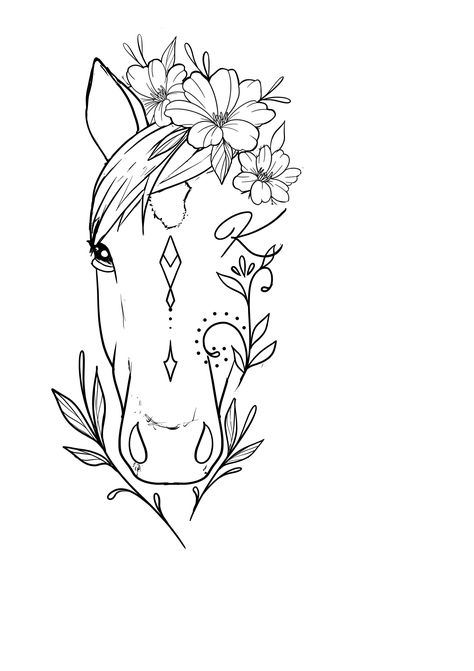 Boho Horse Tattoo, Half Horse Face Tattoo, Wild Flowers And Wild Horses Tattoo, Horse Drawing Ideas Easy, Horse Tattoo Drawing, Horse Theme Tattoo, Delicate Horse Tattoo, Silouttes Tattoo, Horse Floral Tattoo