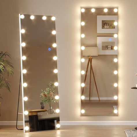 Amazon.com - Vlsrka Full Body Mirror with Lights, 61" x 20" Hollywood led Mirror Full Length with 20 Bulbs, Free Standing, Light up Mirror for Wall, Dimming & 3 Color Lighting (White) Body Mirror With Lights, Light Up Wall Mirror, Full Body Mirror With Lights, Mirror With Light Bulbs, Full Length Mirror With Lights, Mirror Full Length, Long Mirror, Color Lighting, Full Body Mirror