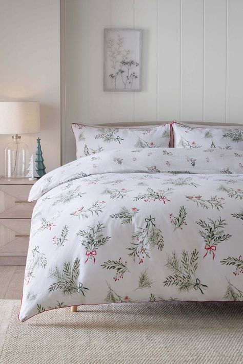 White Ground Brushed 100% Cotton Winter Sprig and Robin Duvet Cover and Pillowcase Set - Image 1 of 9 Cute Christmas Bedding, Christmas Bed Sheets, Brushed Cotton Bedding, Christmas Duvet Cover, Christmas Bedding Set, Christmas Motifs, 100 Cotton Duvet Covers, Dream Future, Christmas Bedding