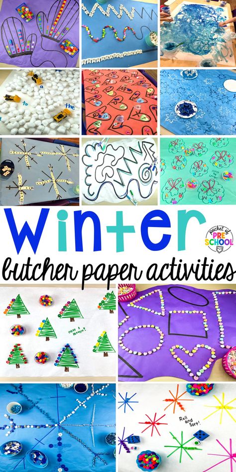 21 Winter Butcher Paper Activities - Pocket of Preschool Fall Butcher Paper Activity, Christmas Butcher Paper Activities, Christmas Lesson Plans Preschool, Winter Animals Preschool, Preschool November, Paper Activities, Pocket Of Preschool, January Ideas, Table Activities